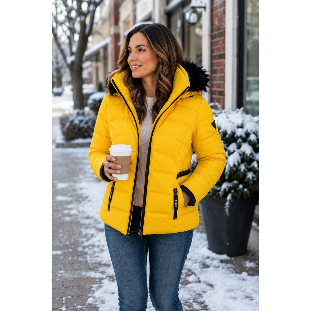 GUESS Yellow Puffer Jacket Medium NWOT Hooded Faux Fur Full Zip Winter Coat